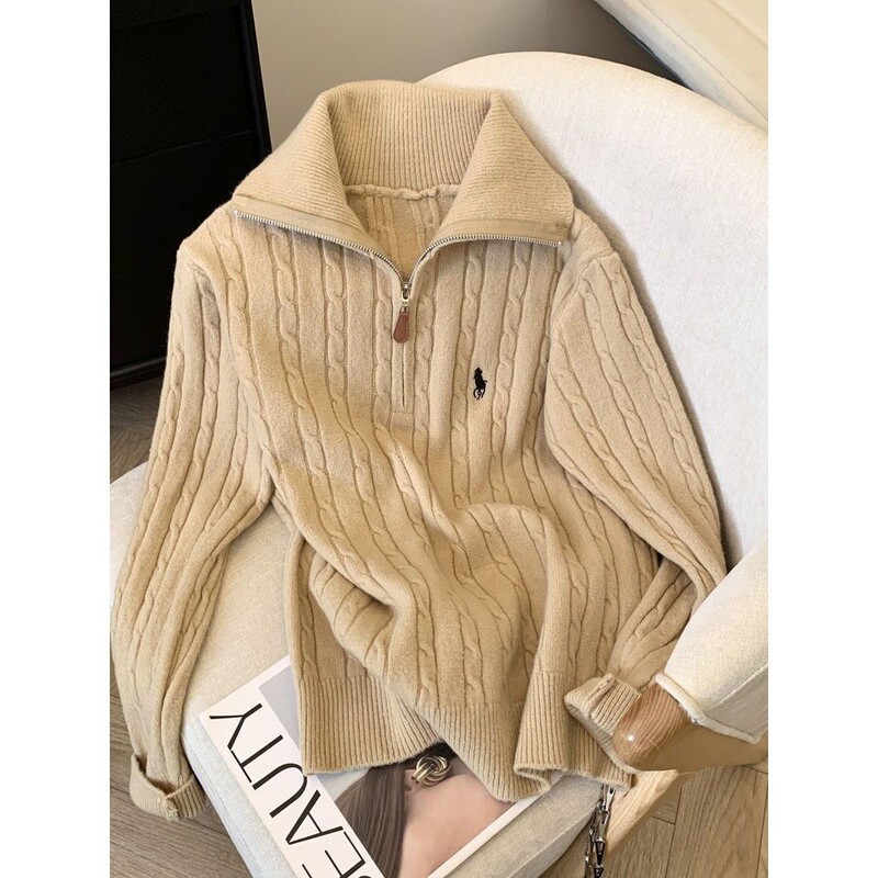 Raff Polo Half-Zip Stand Collar Sweater for Women, Loose Fit Embroidered Knit Sweater Coat for Women