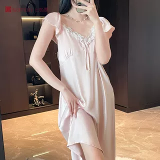 短袖长款优雅冰丝睡裙女夏带胸垫法式慵懒感睡衣女居家缎面家居服