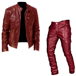 Foreign trade autumn and winter men's Cosplay suit leather jacket leather pants two-piece PU leather casual suit men's game clothes