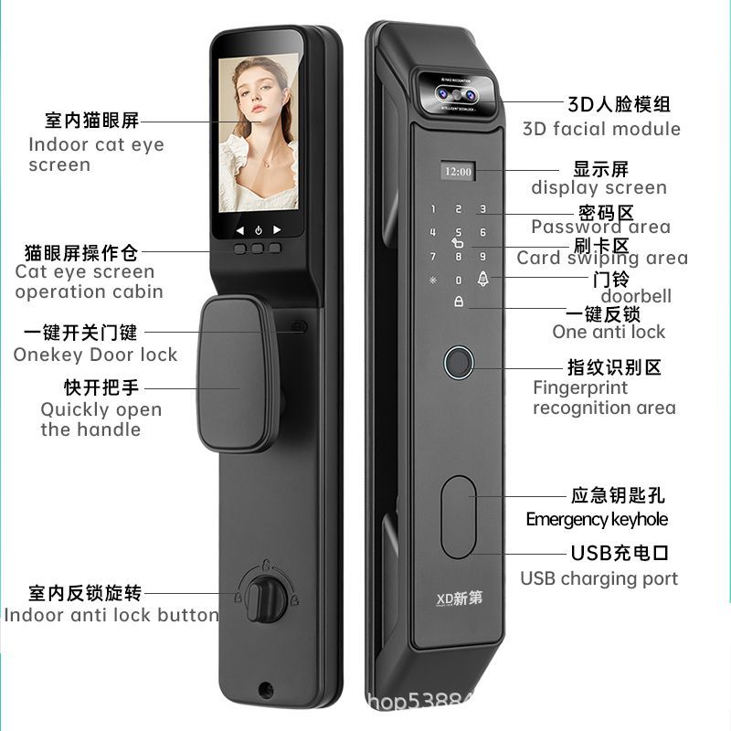 Cerradura inteligente automática con huella digital, reconocimiento facial y mirilla visual, apta para puerta de seguridad.