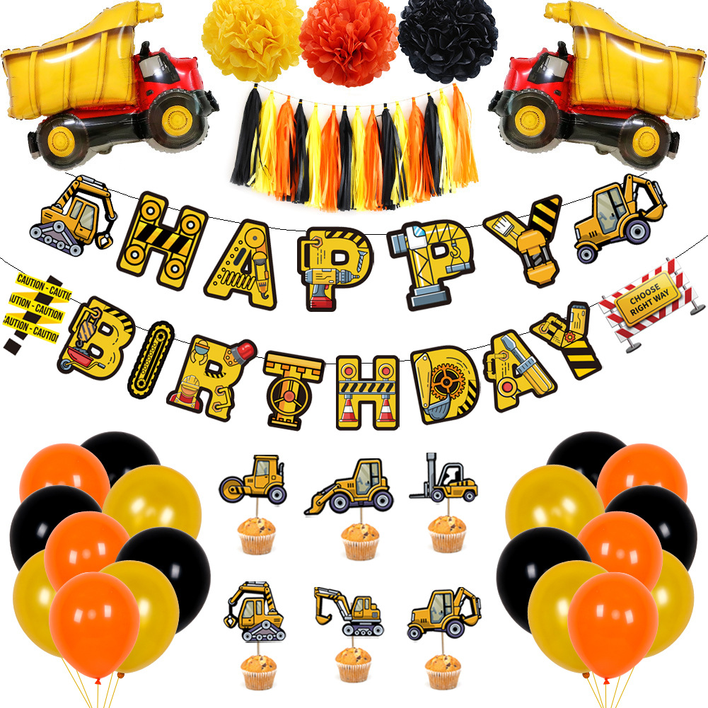 Vehículo de ingeniería globo cumpleaños tire bandera pastel tarjeta inserción globo traje excavadora banner fiesta decoración globo redondo