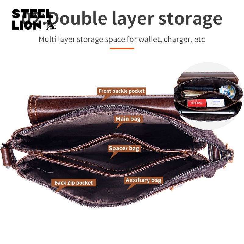 Bolso de mensajero de cuero para hombre transfronterizo bolso de hombro de piel de vaca de primera capa bolso de hombro multifuncional retro de gran capacidad para hombres