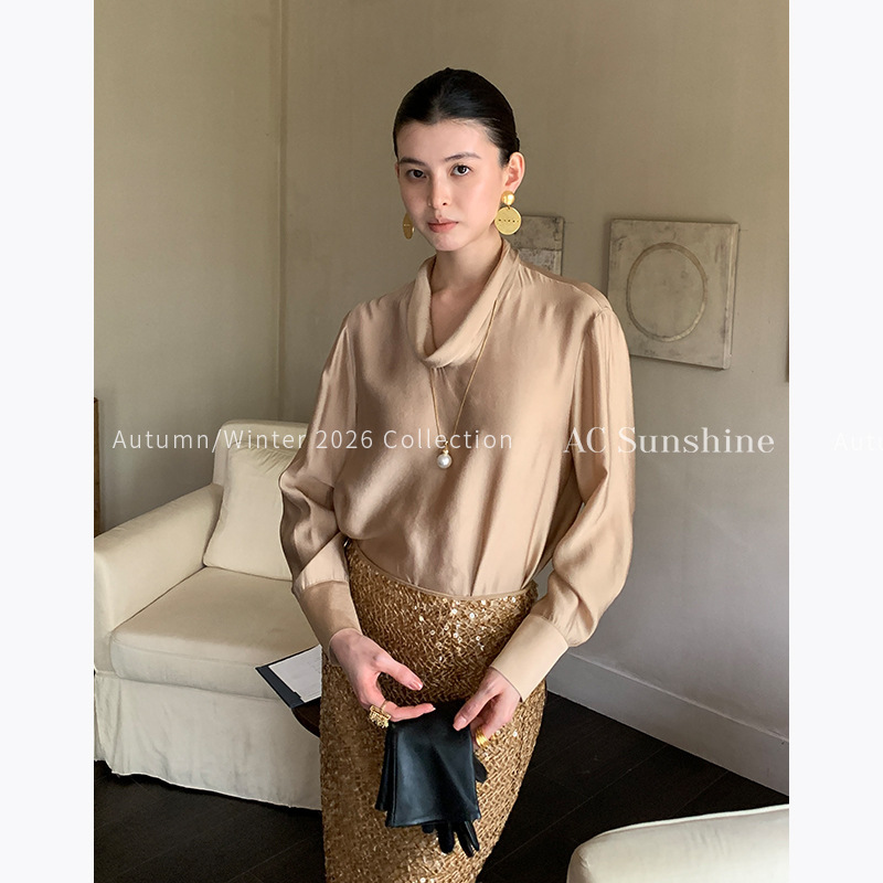 AC SUNSHINE Matte Texture Turtleneck Shirt for Women with Hollow Design and Unique Pearl Necklace Top 19871 AC SUNSHINE Matte Texture Turtleneck Shirt for Women with Hollow Design and Unique Pearl Necklace Top 19871