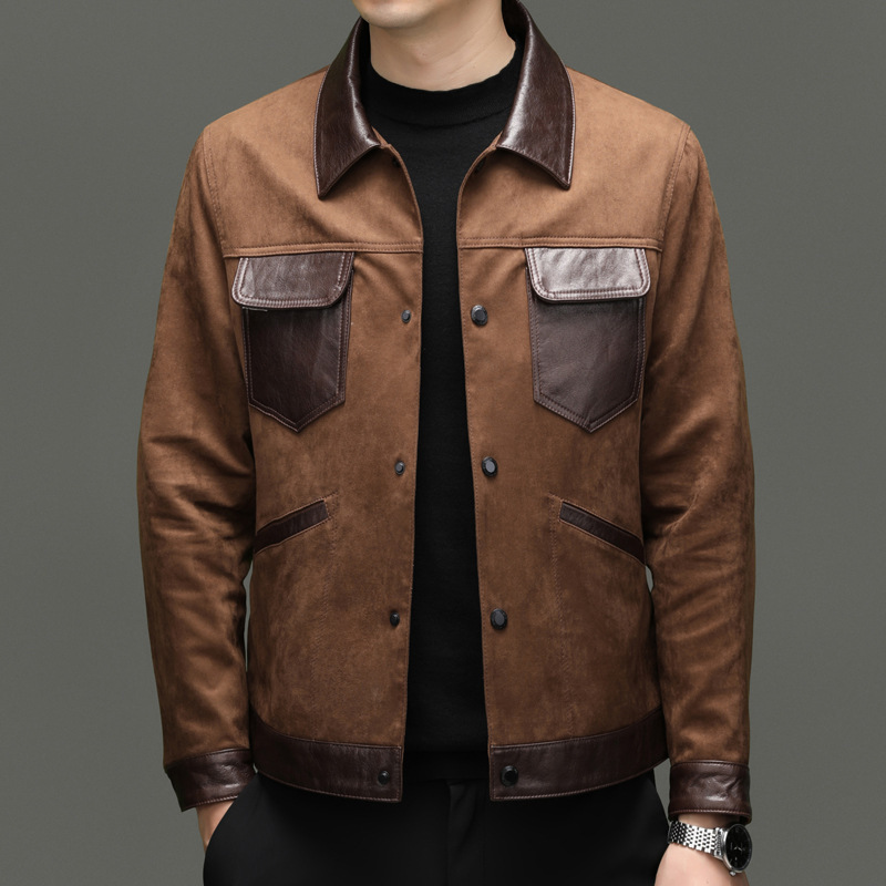 Bg-X008 Spring and Autumn Haining Men's Sheepskin + Suede Genuine Leather Lapel Slim Casual Leather Jacket