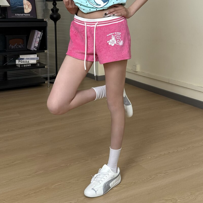 Terry Cloth Sports Shorts for Women, New Summer Style, Color-Blocking, Slim-Fit Casual Pants, Trendy Drawstring Hip-Hugging Hot Pants Terry Cloth Sports Shorts for Women, New Summer Style, Color-Blocking, Slim-Fit Casual Pants, Trendy Drawstring Hip-Hugging Hot Pants