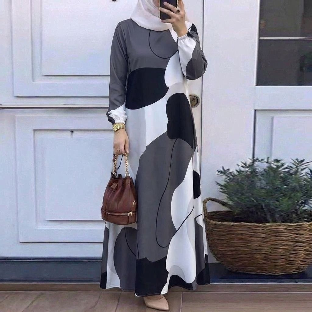 In Stock Cross-Border New Printed Middle Eastern Muslim Malay Full Sleeve Round Neck Robe Long Dress Factory Wholesale_ecoleips.com