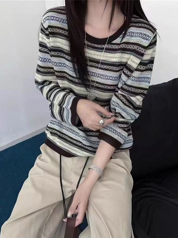 设计感复古条纹针织衫女2025新款韩系穿搭上衣秋季薄款毛衣打底衫|undefined