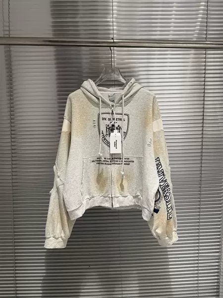 Protocol Index patchwork distressed print zip-up oversized hooded sweatshirt jacket