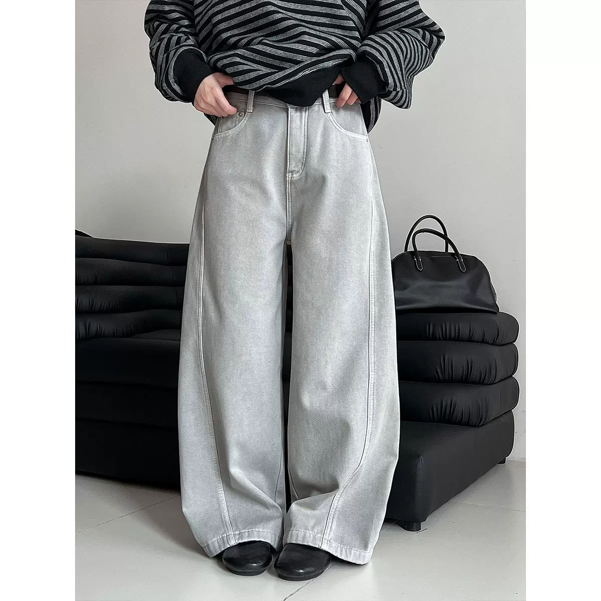 鹿西 韩系加绒高腰阔腿牛仔裤女冬季新款配腰带小众休闲长裤33136