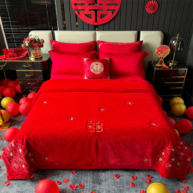 가을과 겨울 두꺼운 따뜻한 담요 웨딩 클라우드 담요 가짜 모피 토끼 벨벳 웨딩 담요 부티크 자수 축제 선물 담요