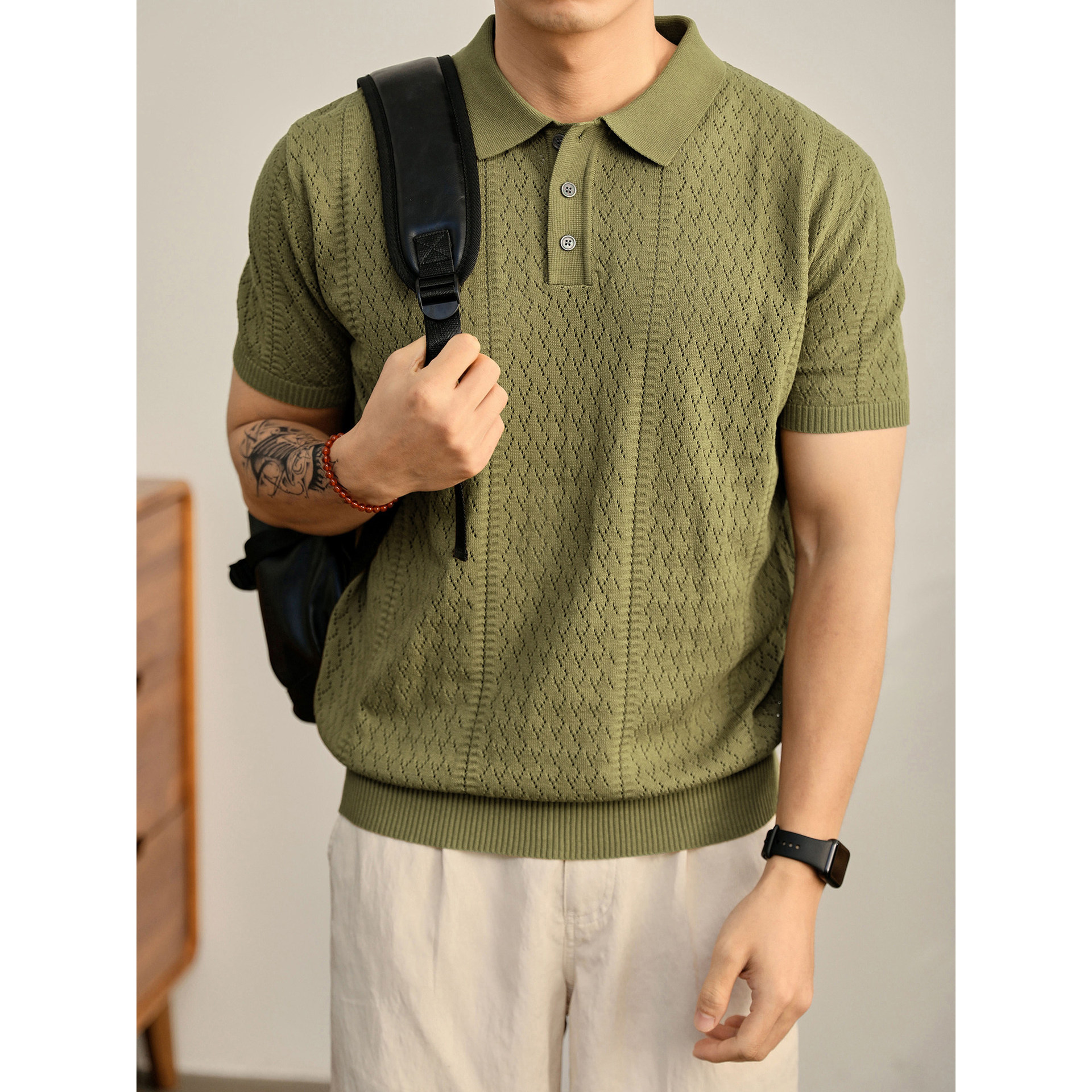 Polo camiseta de punto camiseta de manga corta camiseta hombre hueco diamante viejo viento ventilado seda de hielo transbordador de verano fábrica al por mayor