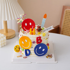夏日多巴胺ins風蛋糕裝飾品擺件笑臉HBD字母小熊蠟燭甜品台插件