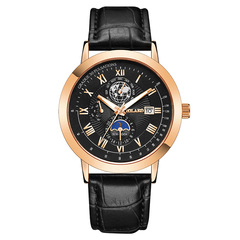 外貿新款時尚日曆地球日月星辰男士手錶男表皮帶款石英表廠家批發