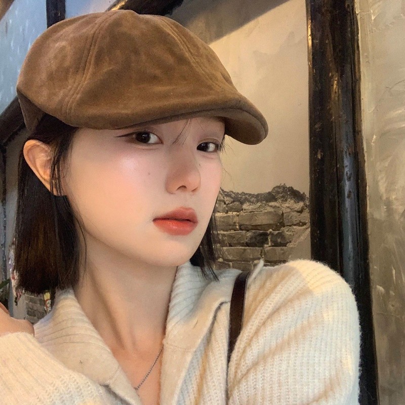日系复古麂皮绒咖色前进帽女大头围显脸小文艺百搭反戴贝雷帽子潮|undefined