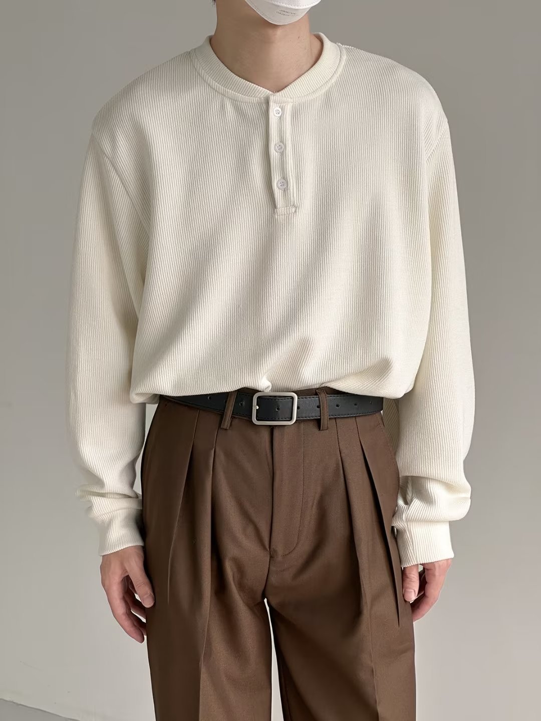 Herrenbekleidung Langarm-T-Shirt, Waffelstrick-Henley-Langarm-T-Shirt für Herren - Strukturierter, lässiger Arbeitspullover mit Knopfleiste_voghion.com