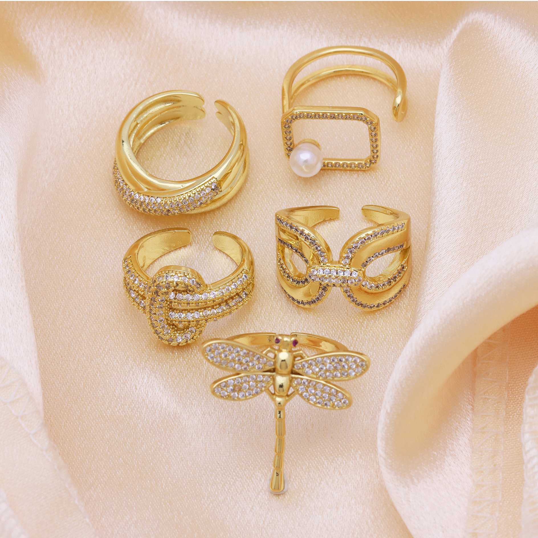 7g Weight 18K Gold Plated Plating Material Pearl, Zircon Inlay Material Open Rings Classification Adjustable Ring Size 1 Piece Quantity Holiday, Daily Occasion Copper Material Geometric, Dragonfly Pattern Women's Gender Inlay Design Simple Style, IG Style Style Copper 18K Gold Plated Inlay Geometric Dragonfly Pearl Zircon Open Rings 2