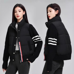 针织设计冬季棉衣拼接羽绒棉服短款2025新款加厚立领保暖外套