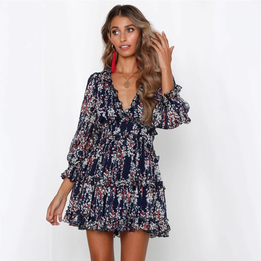 Factory Direct Sales 2025 European and American Spring & Fall New V Neck Waist Puff Sleeve Long-Sleeved Chiffon Dress 0612