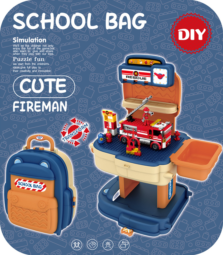El comercio exterior de los niños DIY bloques de construcción mochila juguete bomberos coche ingeniería animal diapositiva montaje educación temprana bloques de construcción traje