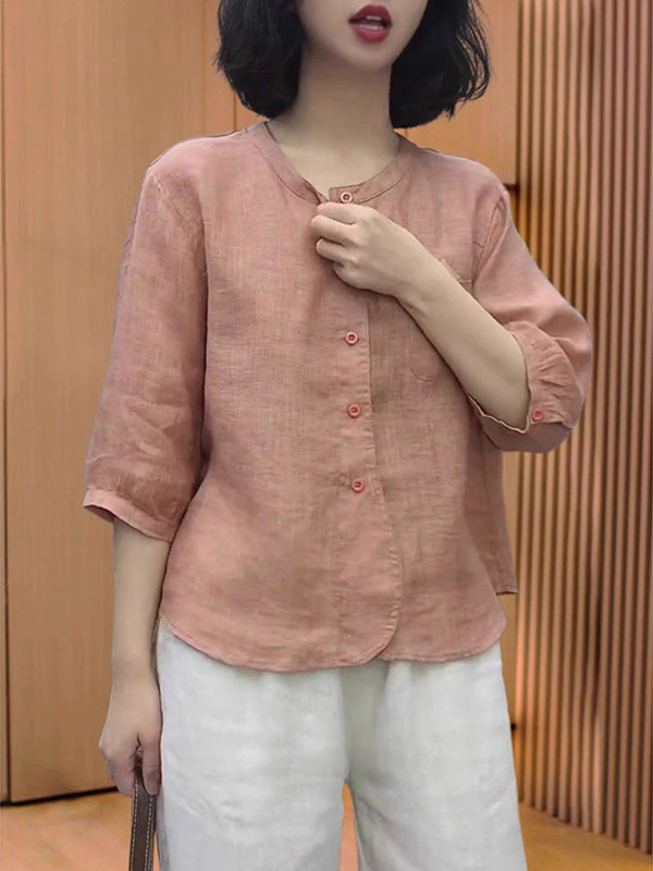 プラスサイズの女性のリネンシャツ女性の新しいトップス女性の夏の新しいお腹カバー七分袖ラミーシャツ|undefined