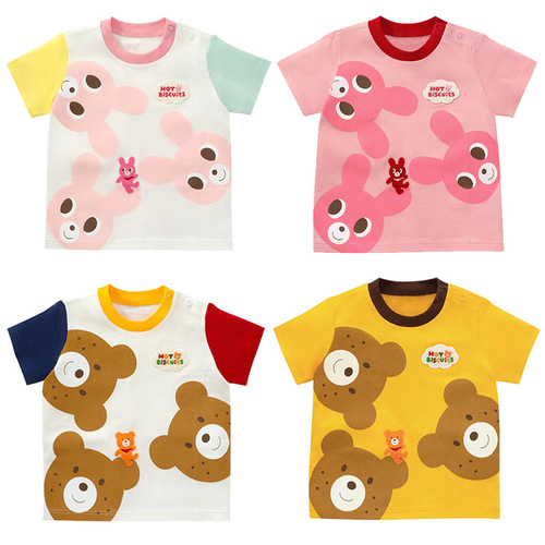 miki children's clothing summer new style cartoon pockmarked bear print short-sleeved T-shirt color matching top for boys and girls