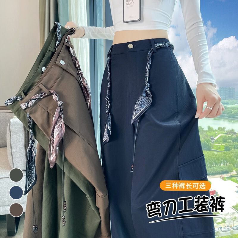 藏青色美式弯刀工装裤女秋冬老钱风丝巾阔腿休闲酷飒风香蕉运动裤|undefined