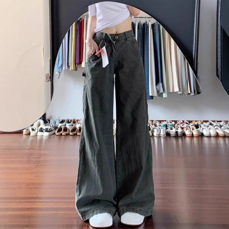 美式复古军绿色阔腿牛仔裤女秋季高腰设计感小个子阔腿裤大码女装|undefined