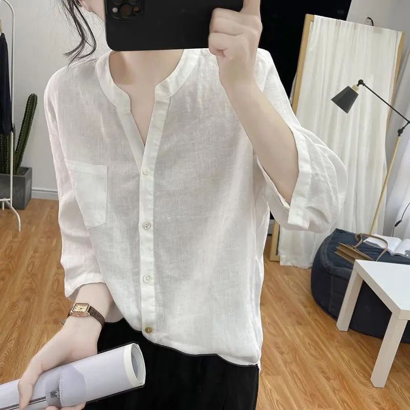 401 Cotton and Linen Shirt Navy Blue Women's Shirt Southeast Asian Temperament Elegant Navy Blue
