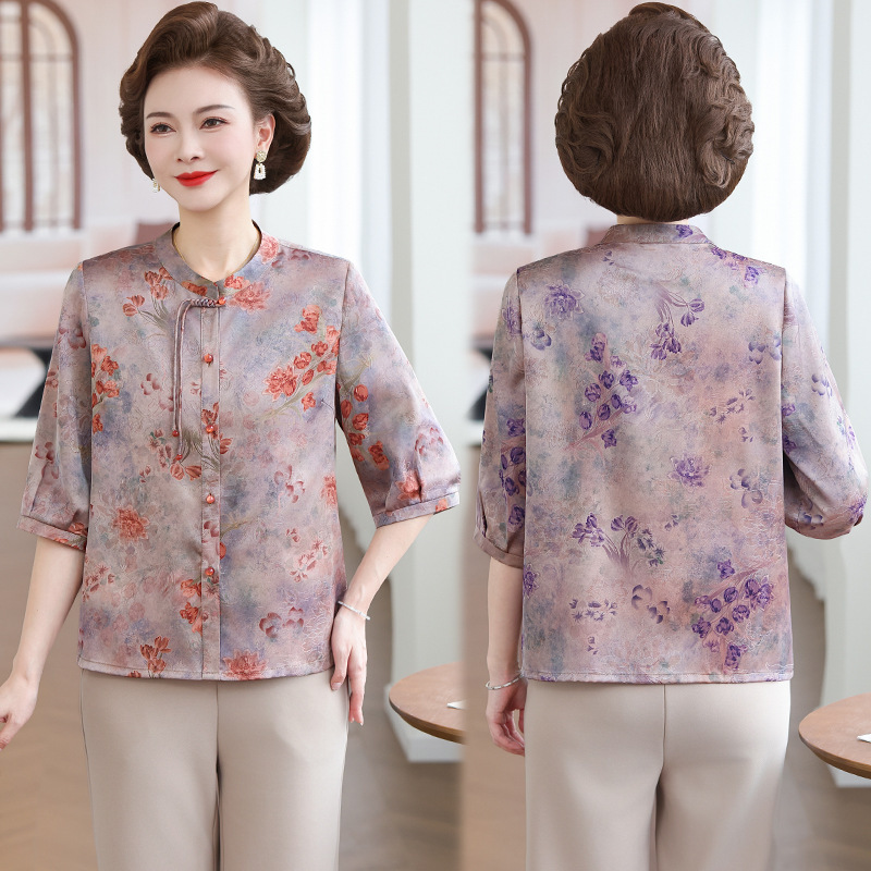 Grandma's Summer Clothing for Middle-Aged and Elderly Women, Breathable Silk Shirt for the Elderly, Cool Top, Ice Silk Blouse, Real Silk Shirt