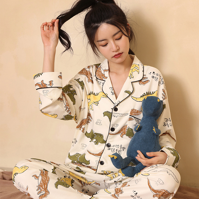 2021春秋季新款恐龙睡衣女可爱卡通全棉家居服长袖两件套一件代发