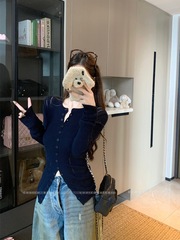 单排扣复古圆领长袖针织开衫女秋季修身设计感纯色紧身打底衫上衣