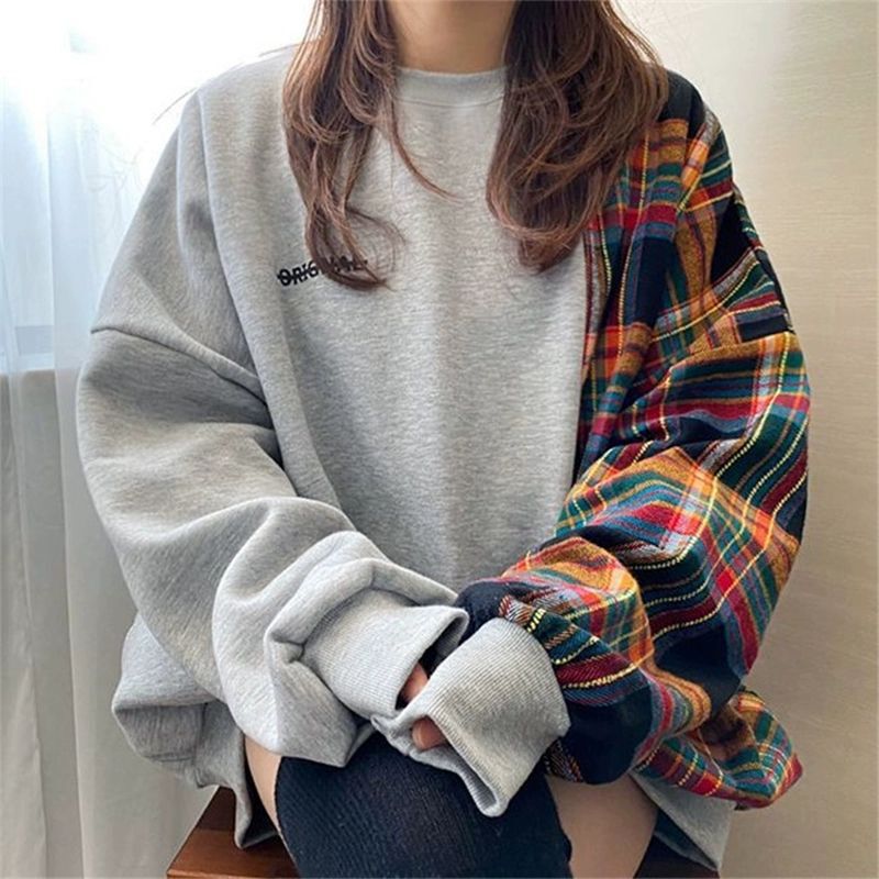 Korean Chic Niche Design Round Neck Plaid Stitching Letter Print Loose Puff Sleeve Pullover Sweatshirt for Women Trendy