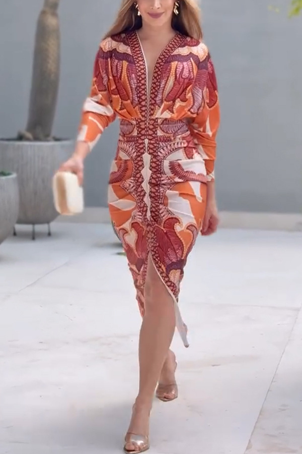 Regular Sleeve Sleeve Type Polyester Fabric Type Wholesale Women's Casual Elegant Streetwear Printing Holiday Banquet Selfie V Neck Long Sleeve One-Step Skirt