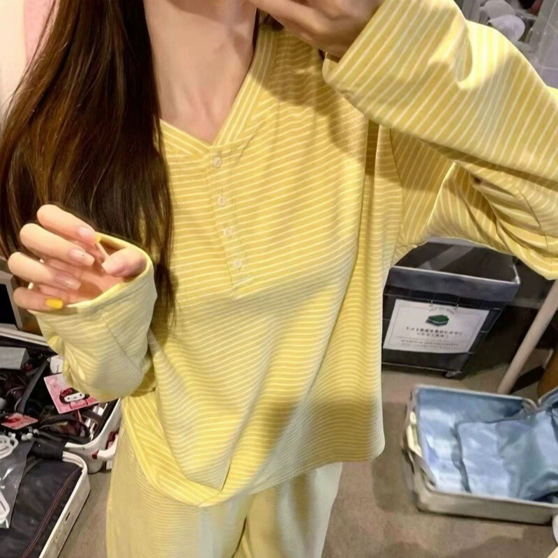 Simple cream yellow striped 2026 spring and autumn new women's pajamas, trendy Korean style long-sleeve home wear set for women