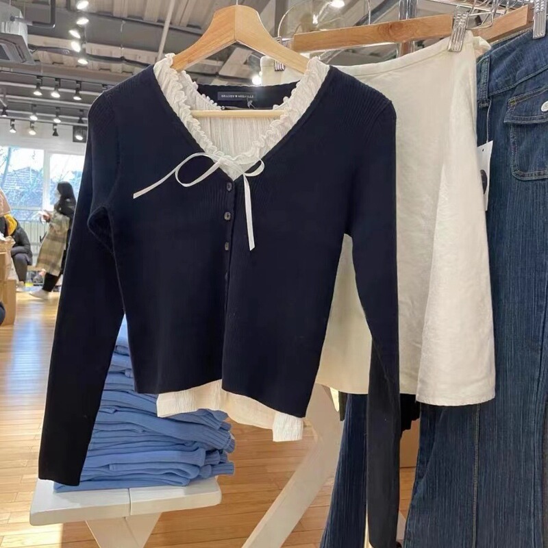 BM Style Brandy Same Style American Style Vintage Cotton Xizang Blue Thread Lace Collar BM Cardigan Knitted Sweater Jacket for Women