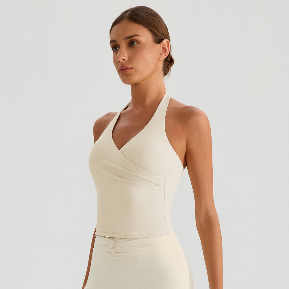 Verano colgar el cuello chaleco de yoga belleza de espalda desnuda con cojín de pecho a prueba de choque reunido camisa deportiva para mujeres