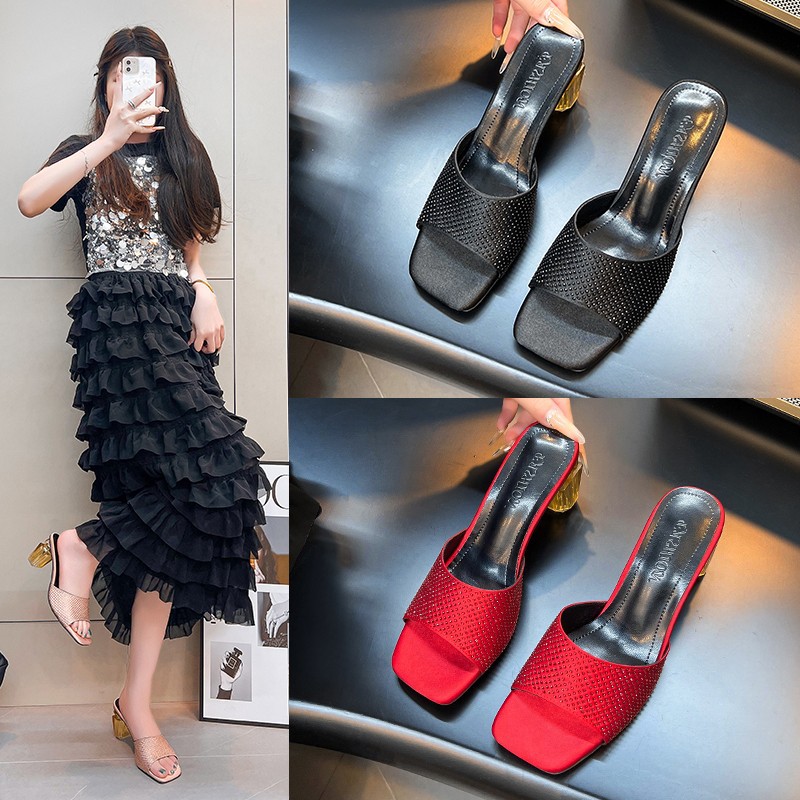 25 New High-end Perfume Square-toed Slippers, Feminine And Fashionable Rhinestone High-heeled Slippers For Women,_vogvips.com