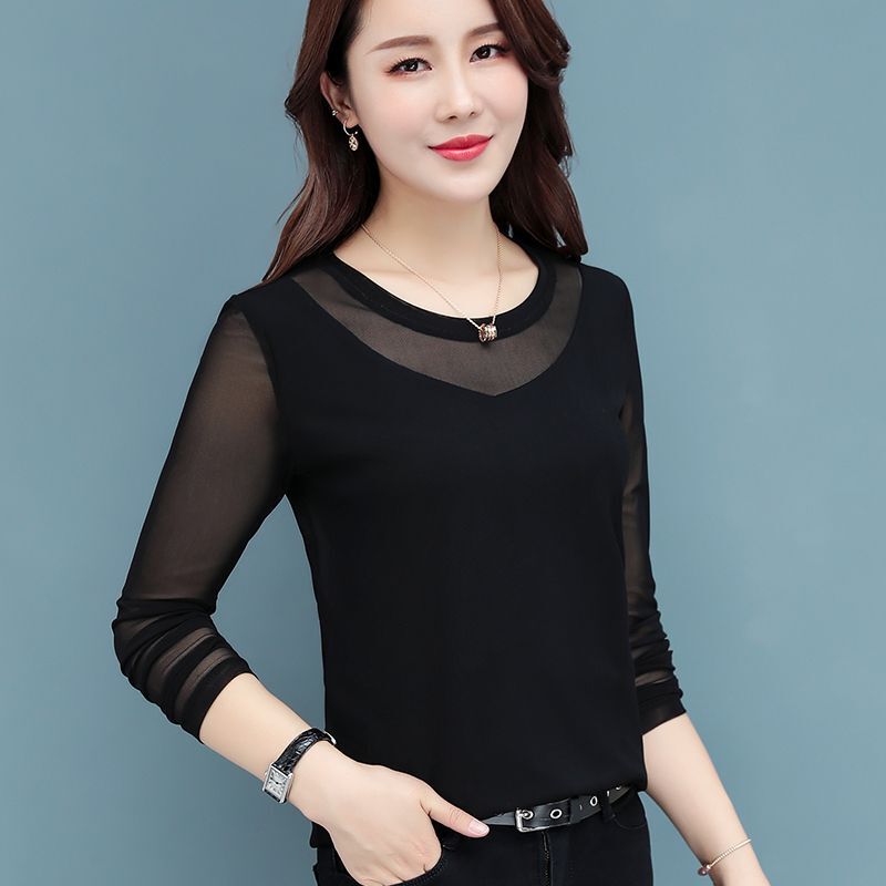 Mesh Bottoming Shirt for Women, Loose Lace Chiffon Long-Sleeved Spring & Fall Thin Large Size Inner Shirt Top Black Trendy