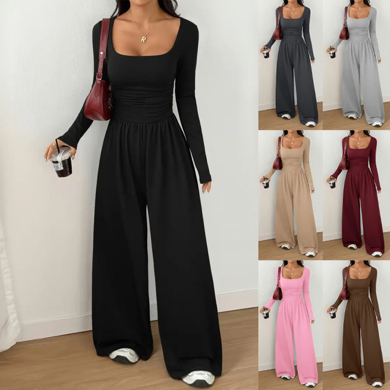 Amazon Cross-Border Women's Clothing European and American Style Casual Fashion Jumpsuit Square Neck Long Sleeve Waist-Cinching Tight Wide-Leg Pants