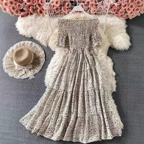 2025 Spring and Summer One-Shoulder Length Skirt High-Waist Slimming Knee-Length Full-Skirt Retro Floral Dress Cross-Border Direct Sales
