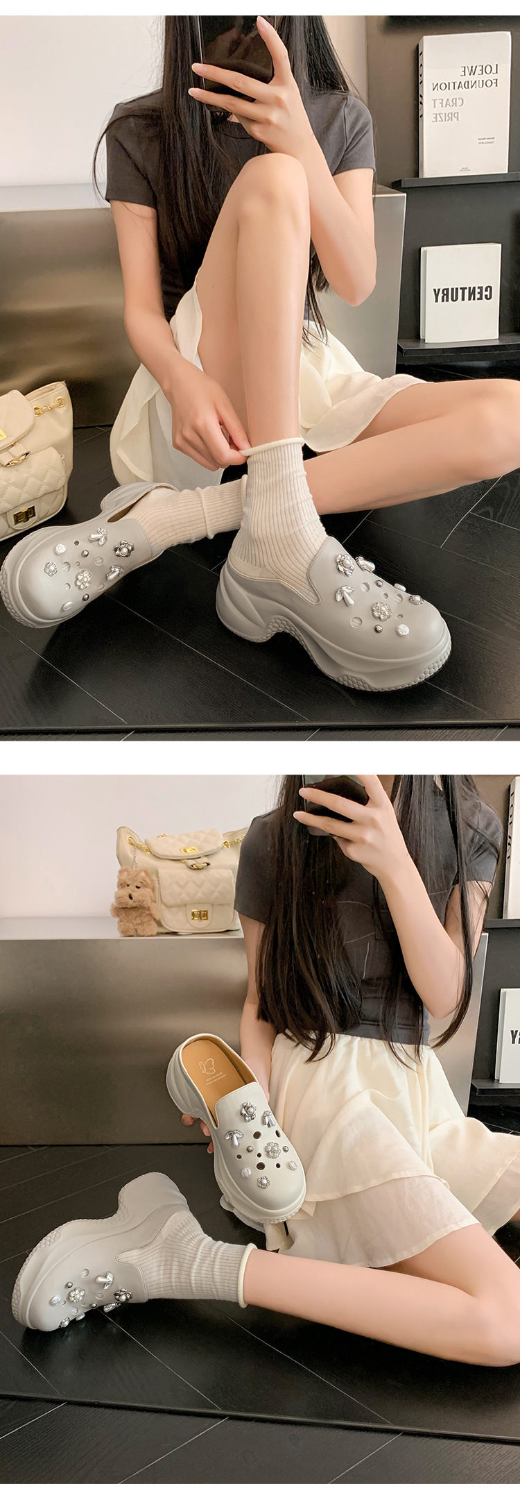 Dép lê bít mũi độn cao da thật 7cm cho nữ, phong cách sandal lỗ xốp mùa hè, đính ngọc trai đinh tán — Màu trắng, Màu xám chi tiết 27