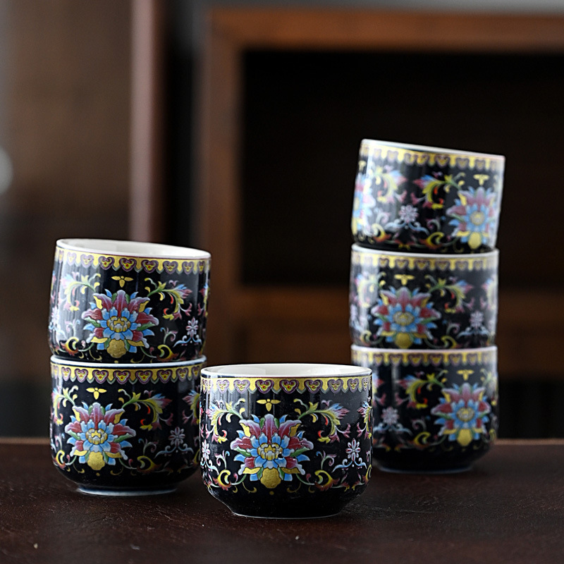 지 블루 에나멜 컬러 등나무 꽃 티 컵 6