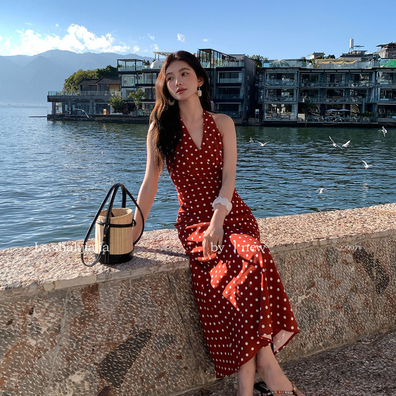 Ls Resort Style Fashionable and Elegant V-Neck Halterneck Polka Dot Dress Guangzhou Shisanxing 2026 Spring New Style 22997 # Ls Resort Style Fashionable and Elegant V-Neck Halterneck Polka Dot Dress Guangzhou Shisanxing 2026 Spring New Style 22997 #