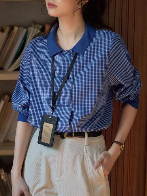 このシャツもきれいでしょうフランスのレトロなダブルボタンの格子シャツの女性の秋冬のゆったりした長袖のシャツ|undefined