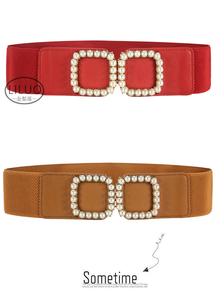 Basic Style White, Red, Camel, Black Color Women's Decorative Pearl Belt Elastic Girdle Fashion Belt