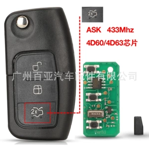 Suitable for 3-key Ford folding remote control car key ASK 433MHz 4D60/4D63 chip