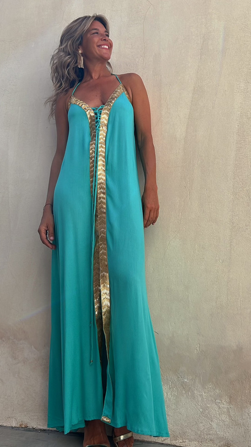 Polyester Fabric Type Mid Waist Waist Line Wholesale Women'S Casual Vacation Patchwork Solid Color Holiday Halter Neck Sleeveless Swing Dress
