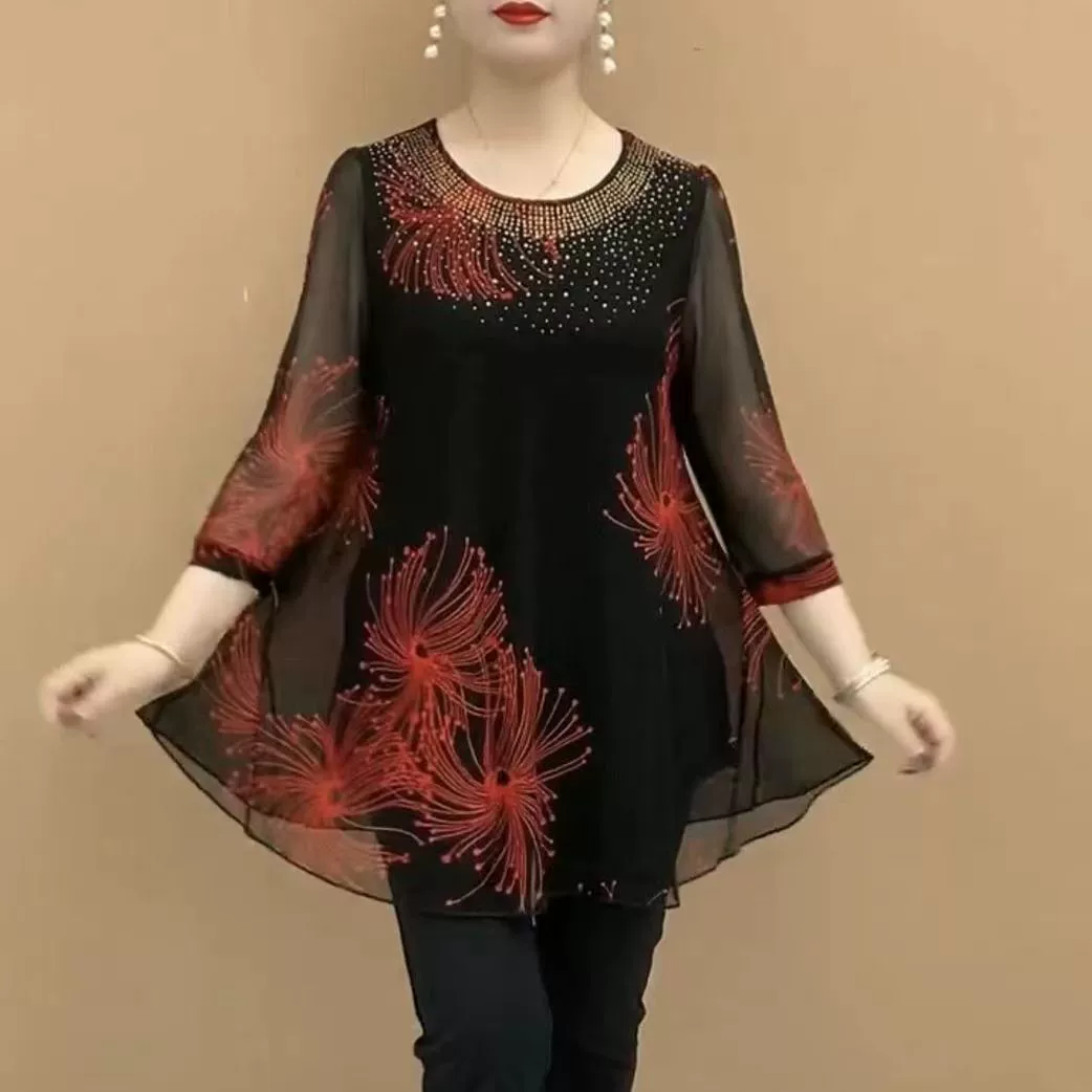 Летняя свободная маленькая рубашка для мам больших размеров, эластичная Сетчатая футболка с принтом, 200 кг, элегантная тонкая длинная футболка для 50 лет