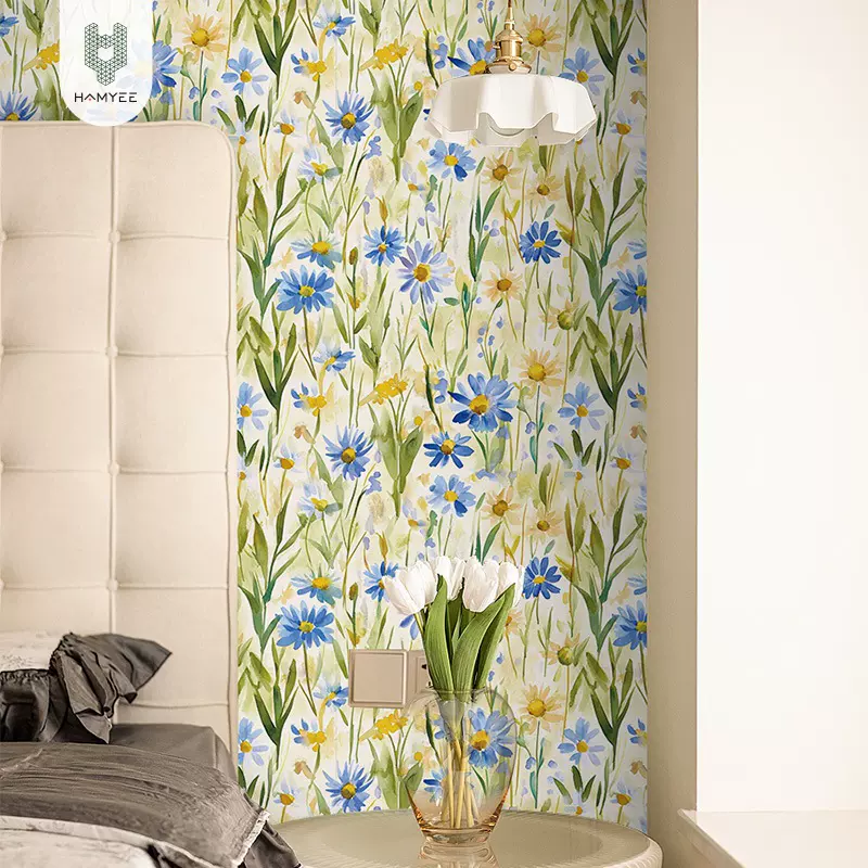 外贸跨境加厚花卉墙纸卧室墙面改造PVC方式贴纸自粘墙贴壁纸批发