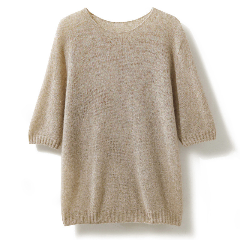 Cashmere and Mulberry Silk One-Line Ready-To-Wear Korean Style Soft and Waxy Spring & Fall Short-Sleeved Women's Round Neck Loose Thin Bottoming Shirt Sweater